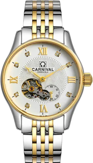 Skeleton Dial Waterproof Automatic Wrist Watch MASTOP Mens Gold Silver Two Tone violin somewhat fitting conduct Stainless Steel Bands Diamond 