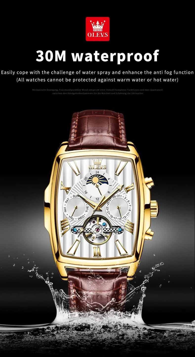 Skeleton Tourbillion Day Date Waterproof Luminous Men's Wrist Watches OLEVS Mechanical disperse Dress Mens Watches Square Brown Leather Strap Moon Phase 