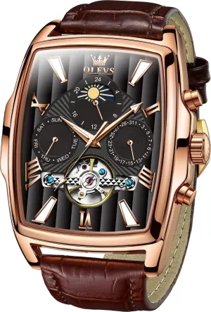 Skeleton Tourbillion Day Date Waterproof Luminous Men's Wrist Watches OLEVS Mechanical disperse Dress Mens Watches Square Brown Leather Strap Moon Phase 