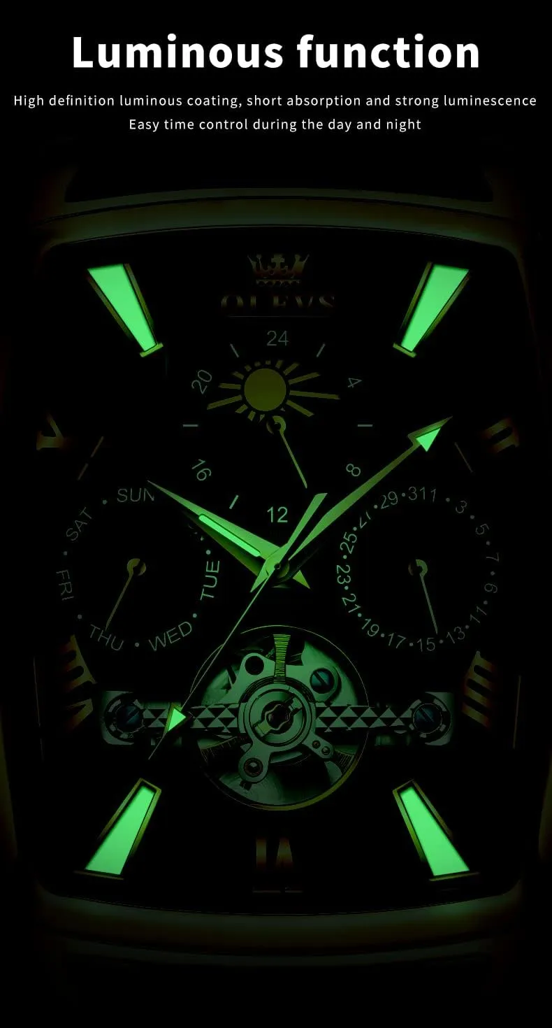 Skeleton Tourbillion Day Date Waterproof Luminous Men's Wrist Watches OLEVS Mechanical disperse Dress Mens Watches Square Brown Leather Strap Moon Phase 