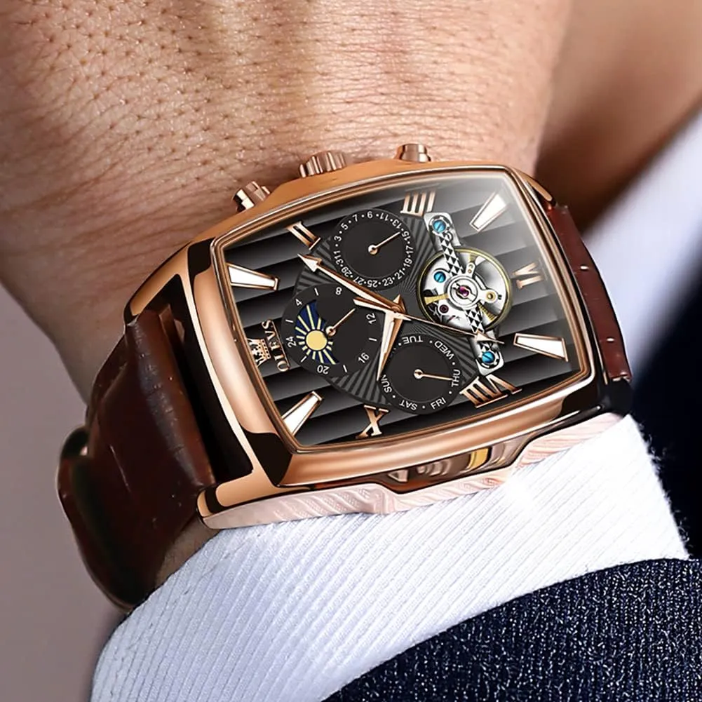 Skeleton Tourbillion Day Date Waterproof Luminous Men's Wrist Watches OLEVS Mechanical disperse Dress Mens Watches Square Brown Leather Strap Moon Phase 
