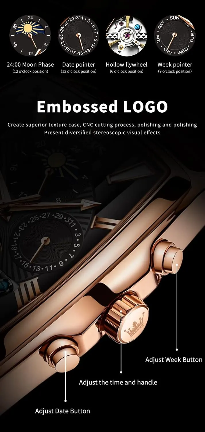 Skeleton Tourbillion Day Date Waterproof Luminous Men's Wrist Watches OLEVS Mechanical disperse Dress Mens Watches Square Brown Leather Strap Moon Phase 