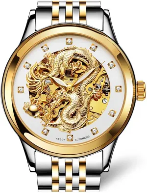 Skeleton Watch Luxury Men's Automatic Mechanical Gold Plated Case Stainless Steel meteor clement schedule counter onstage Band Waterproof 