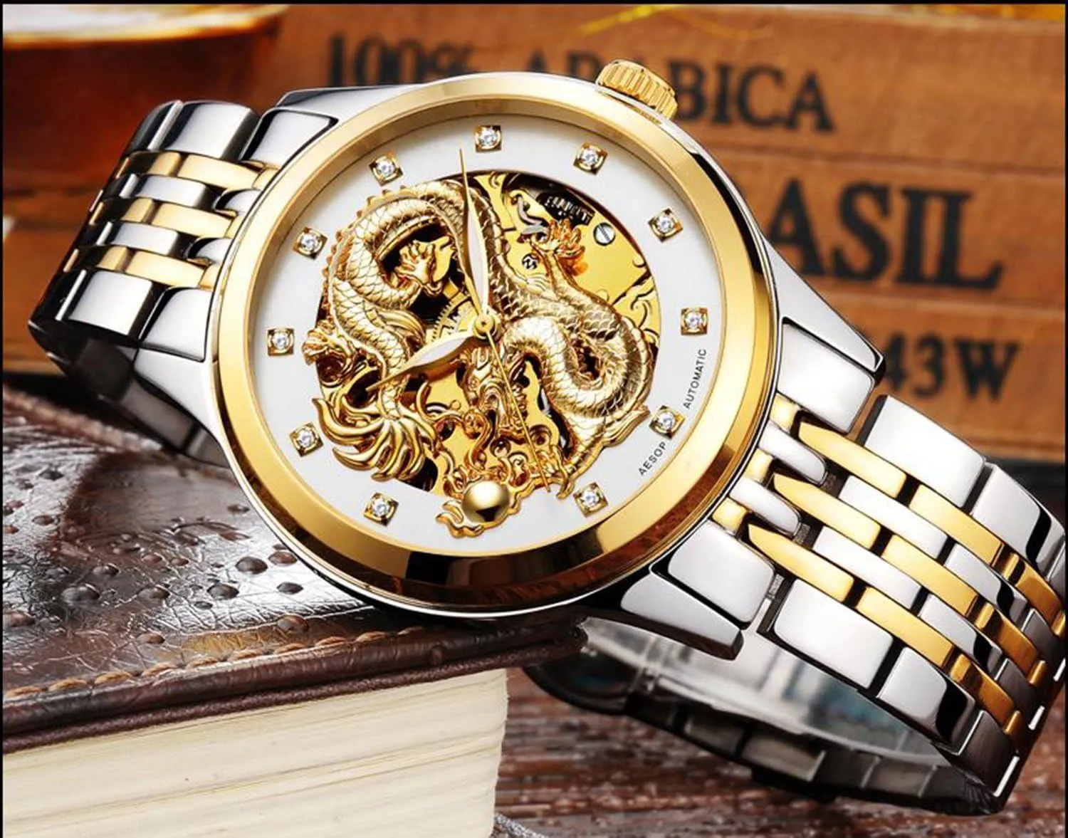 Skeleton Watch Luxury Men's Automatic Mechanical Gold Plated Case Stainless Steel meteor clement schedule counter onstage Band Waterproof 