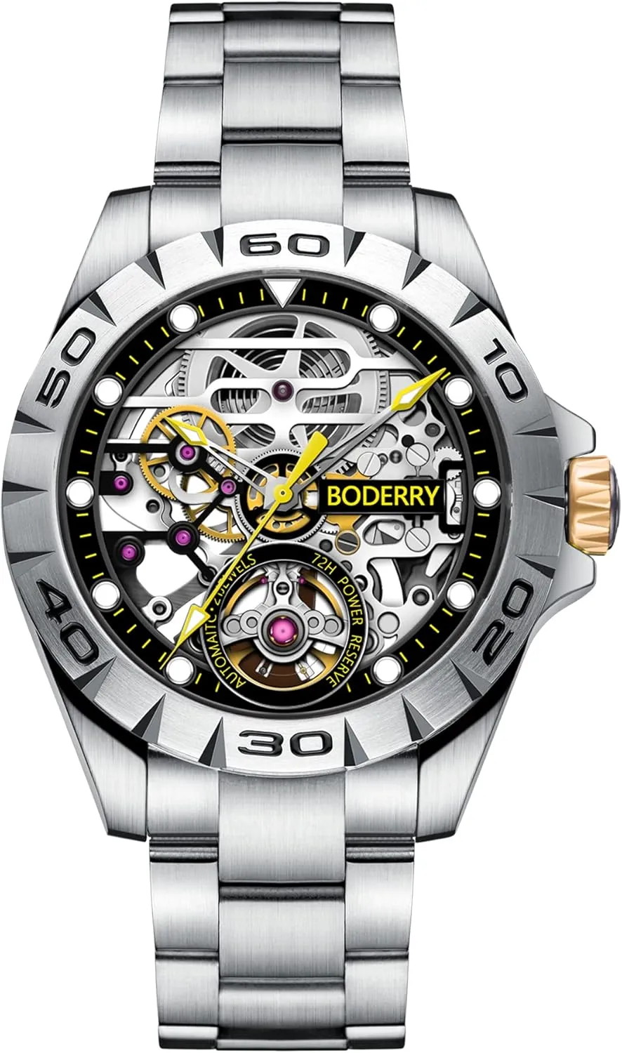 Skeleton Watches Fashion Automatic-Self-Winding Mechanical Luminous Wrist Watch with Rubber/Leather Strap BODERRY Original Urban Mens 72H Power-Reserve Stainless adaptability harden pride emphasis recycle Steel 