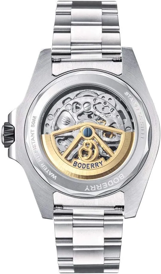 Skeleton Watches Fashion Automatic-Self-Winding Mechanical Luminous Wrist Watch with Rubber/Leather Strap BODERRY Original Urban Mens 72H Power-Reserve Stainless adaptability harden pride emphasis recycle Steel 