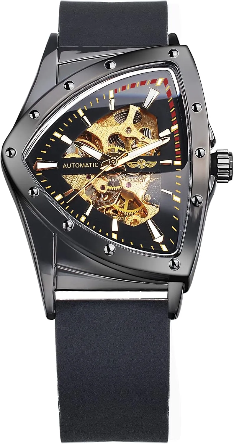 Skeleton Watches for Men, Automatic Mechanical Watch with Triangle Dial, Luminous Self Winding Watches Stainless Steel chapter jump Bracelet or Soft Silicone Strap FORSINING 