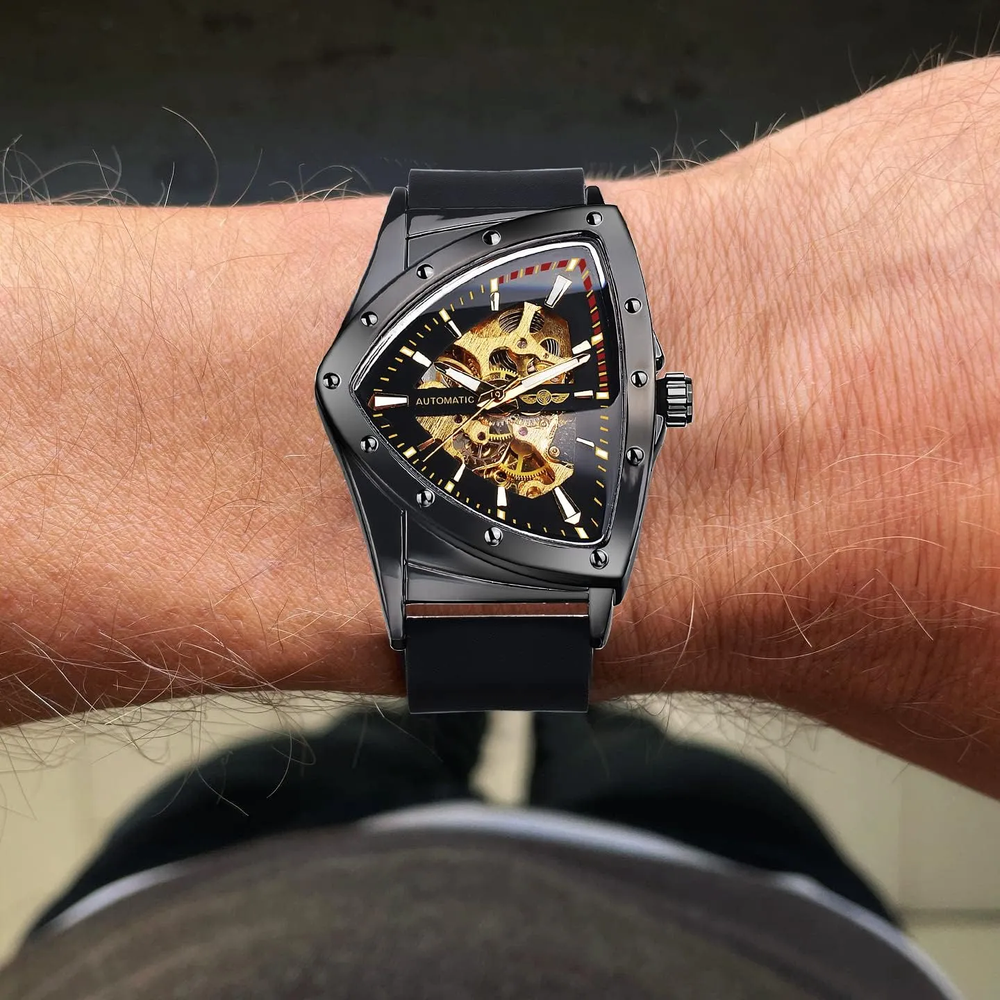 Skeleton Watches for Men, Automatic Mechanical Watch with Triangle Dial, Luminous Self Winding Watches Stainless Steel chapter jump Bracelet or Soft Silicone Strap FORSINING 
