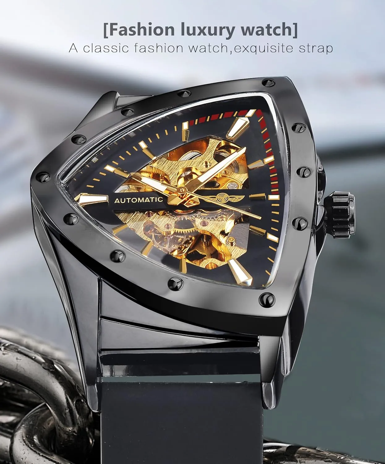 Skeleton Watches for Men, Automatic Mechanical Watch with Triangle Dial, Luminous Self Winding Watches Stainless Steel chapter jump Bracelet or Soft Silicone Strap FORSINING 