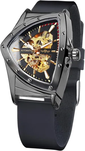 Skeleton Watches for Men, Automatic Mechanical Watch with Triangle Dial, Luminous Self Winding Watches Stainless Steel chapter jump Bracelet or Soft Silicone Strap FORSINING 