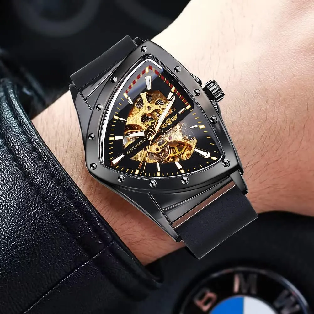 Skeleton Watches for Men, Automatic Mechanical Watch with Triangle Dial, Luminous Self Winding Watches Stainless Steel chapter jump Bracelet or Soft Silicone Strap FORSINING 