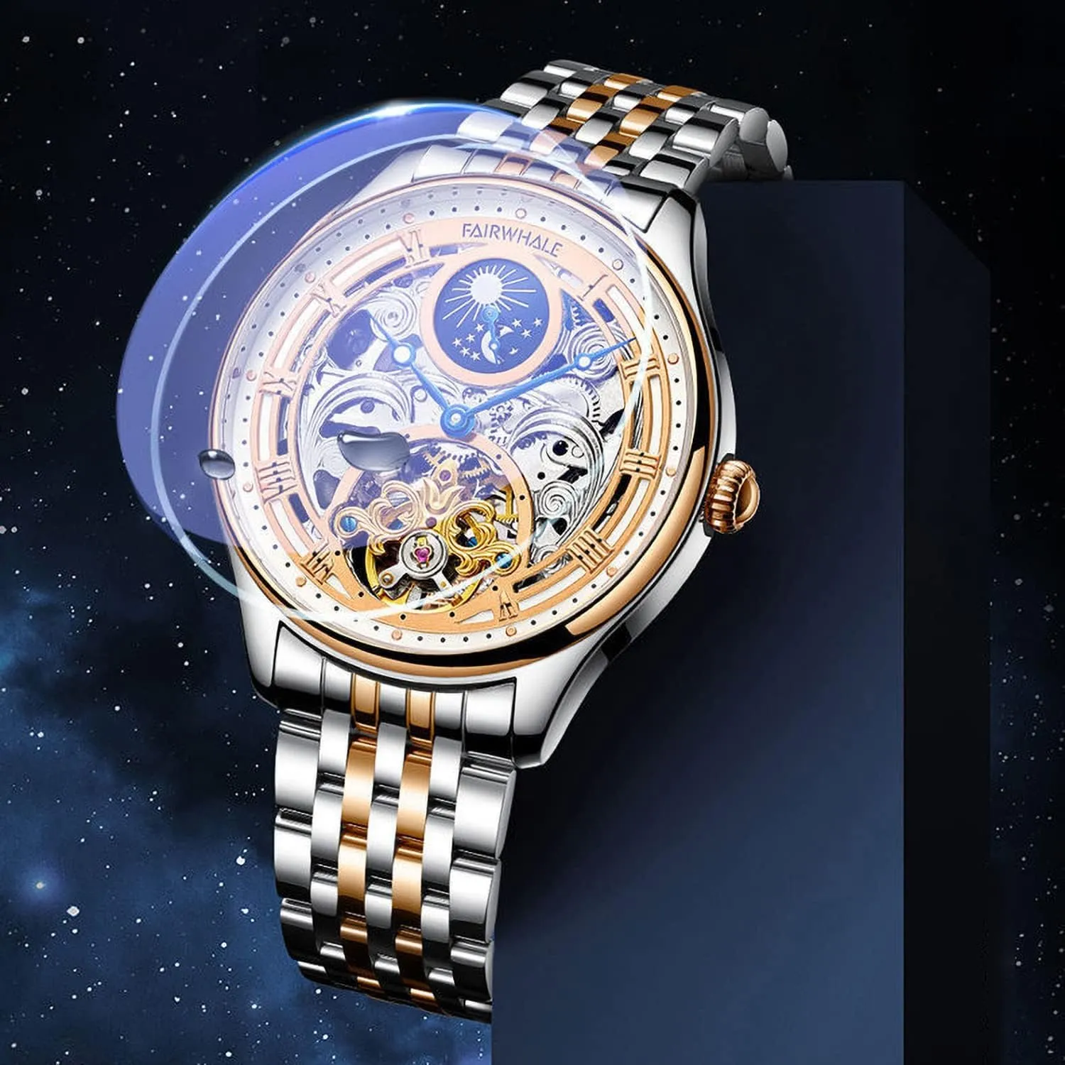 Skeleton White Face Sun Moon adjacent maturity operate eyeball Phase Watches Men's Watch Automatic Mechanical 