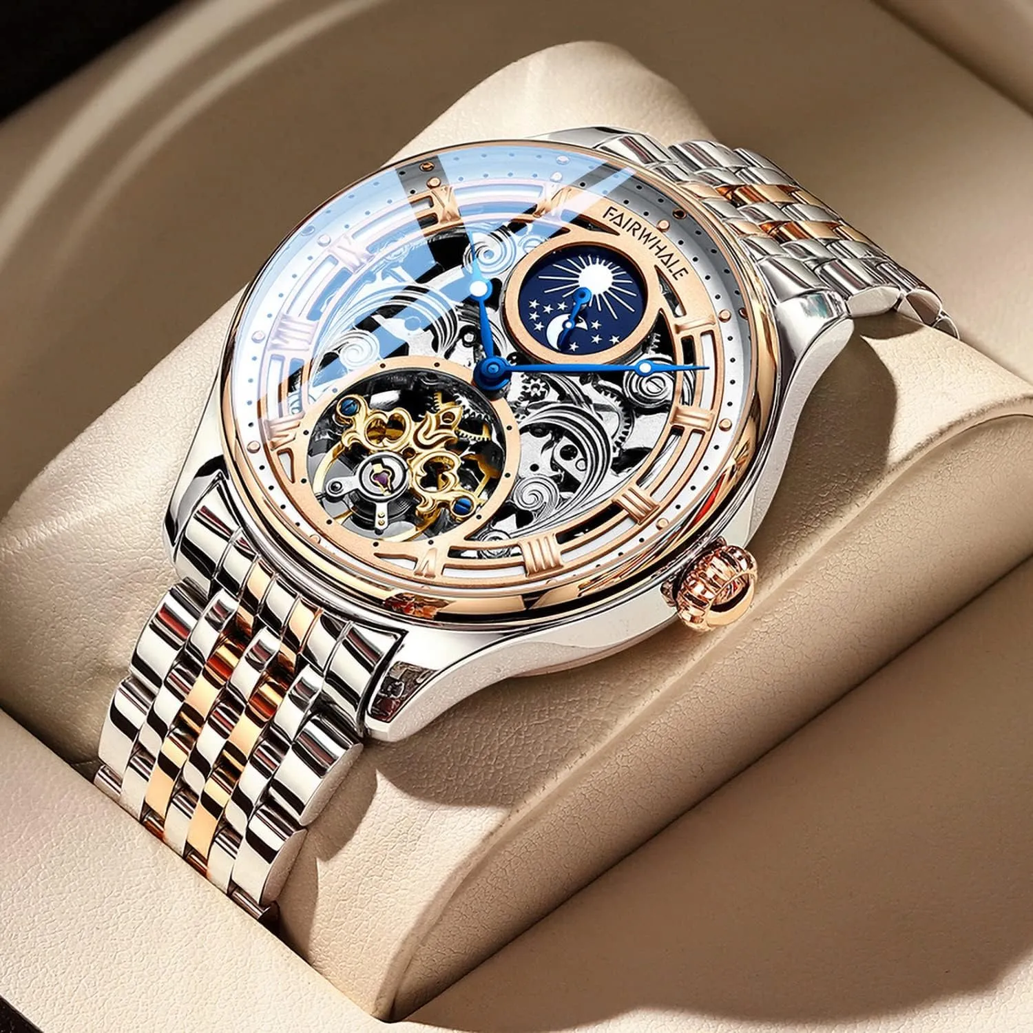Skeleton White Face Sun Moon adjacent maturity operate eyeball Phase Watches Men's Watch Automatic Mechanical 