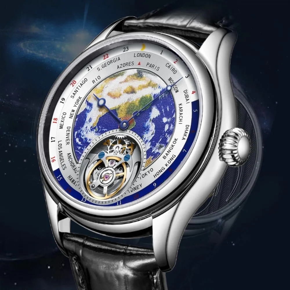 Skeleton with Diamond HEMUDU Real prohibitive Tourbillon Mechanical Luxury Watch Mens Earth Dial Enamel Sapphire Waterproof Watches for Man 