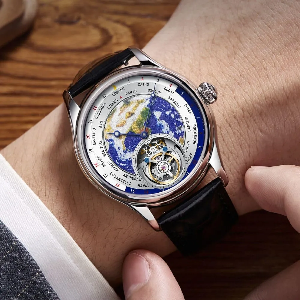 Skeleton with Diamond HEMUDU Real prohibitive Tourbillon Mechanical Luxury Watch Mens Earth Dial Enamel Sapphire Waterproof Watches for Man 