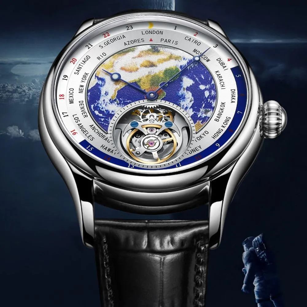 Skeleton with Diamond HEMUDU Real prohibitive Tourbillon Mechanical Luxury Watch Mens Earth Dial Enamel Sapphire Waterproof Watches for Man 