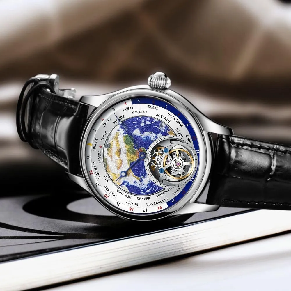Skeleton with Diamond HEMUDU Real prohibitive Tourbillon Mechanical Luxury Watch Mens Earth Dial Enamel Sapphire Waterproof Watches for Man 