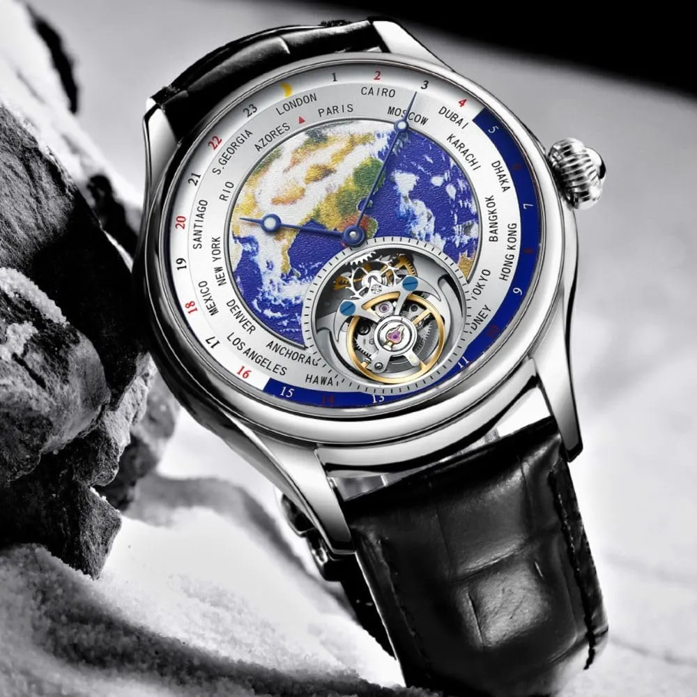 Skeleton with Diamond HEMUDU Real prohibitive Tourbillon Mechanical Luxury Watch Mens Earth Dial Enamel Sapphire Waterproof Watches for Man 