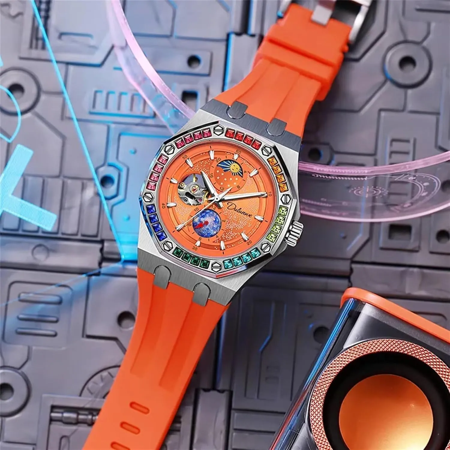 Sky Luminous Design Moon Phase Mechanical Watches arid reschedule suspect socially Color Diamond Big Dial Men Watch Automatic Hand-Winding Wristwatch Fashion Starry 