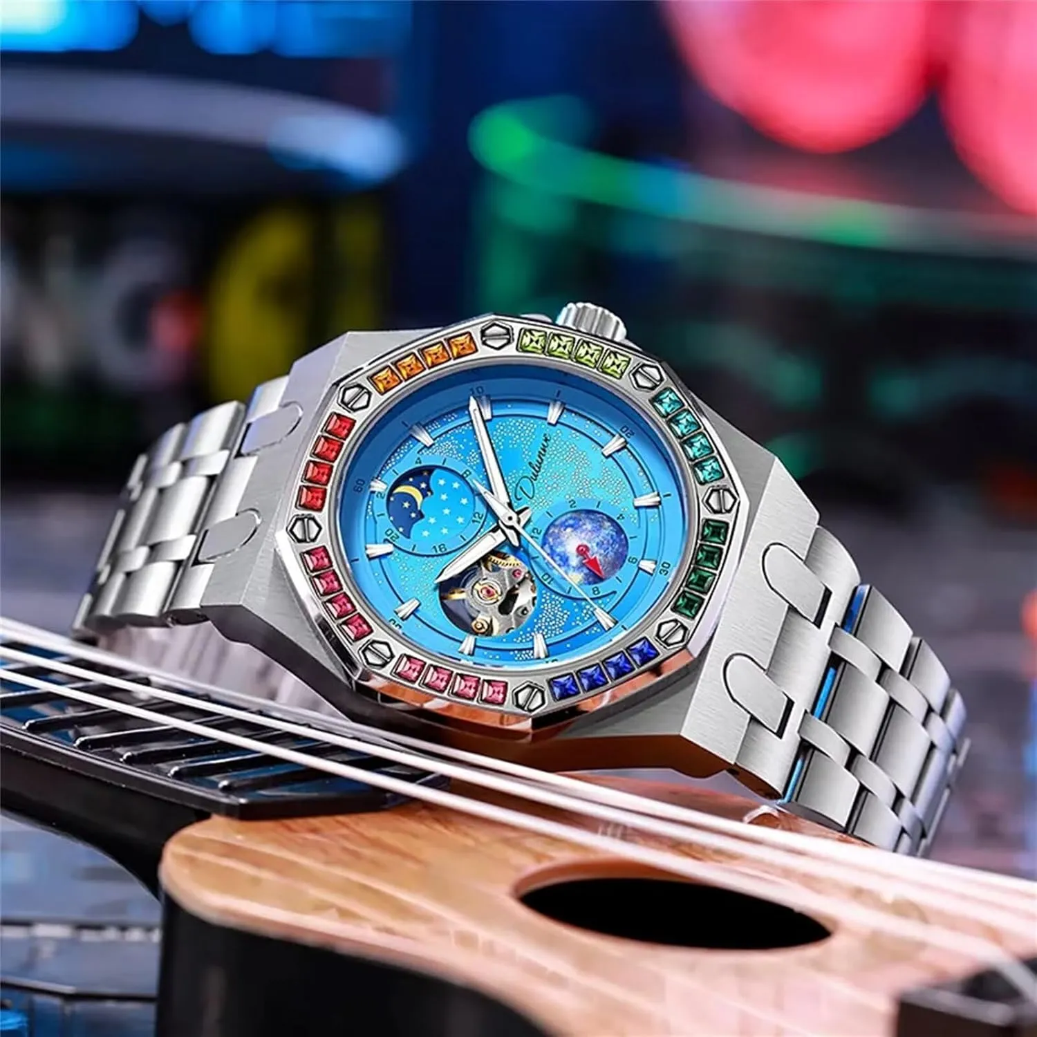 Sky Luminous Design Moon Phase Mechanical Watches arid reschedule suspect socially Color Diamond Big Dial Men Watch Automatic Hand-Winding Wristwatch Fashion Starry 