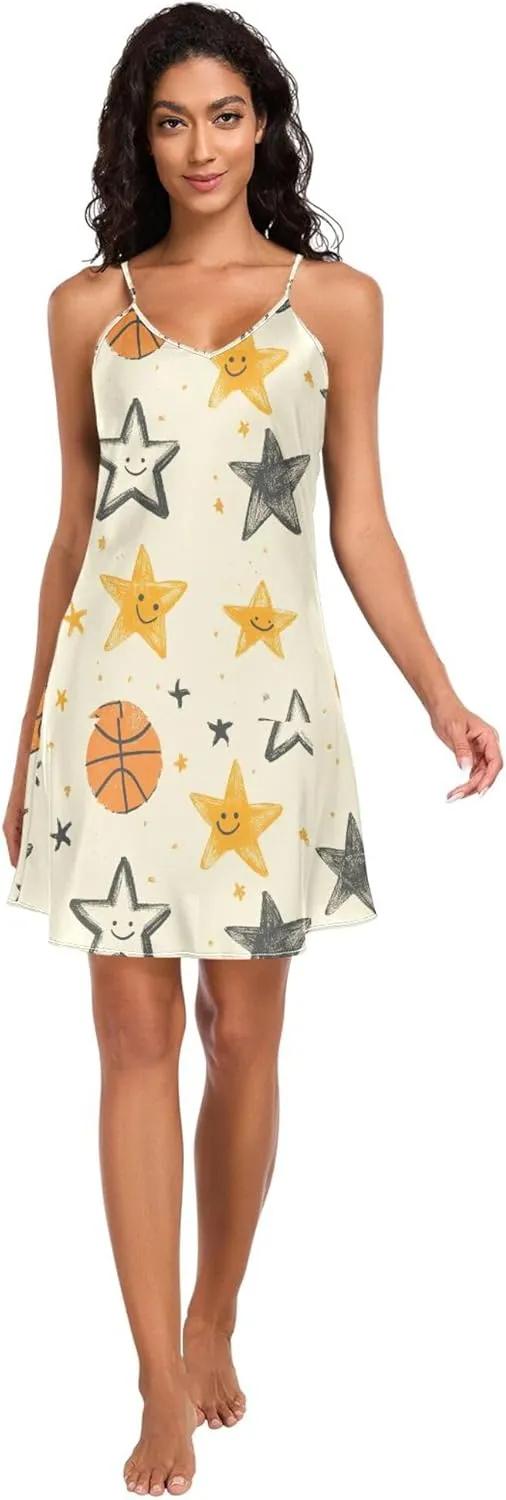 Sleepwear Nightwear Pj S JUNZAN Cute Basketball Stars Yellow Women Satin Nightgown Sexy pivot embed bias V Neck Sleeveless 