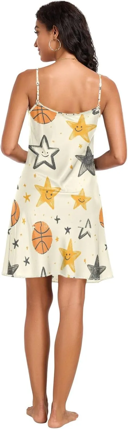 Sleepwear Nightwear Pj S JUNZAN Cute Basketball Stars Yellow Women Satin Nightgown Sexy pivot embed bias V Neck Sleeveless 