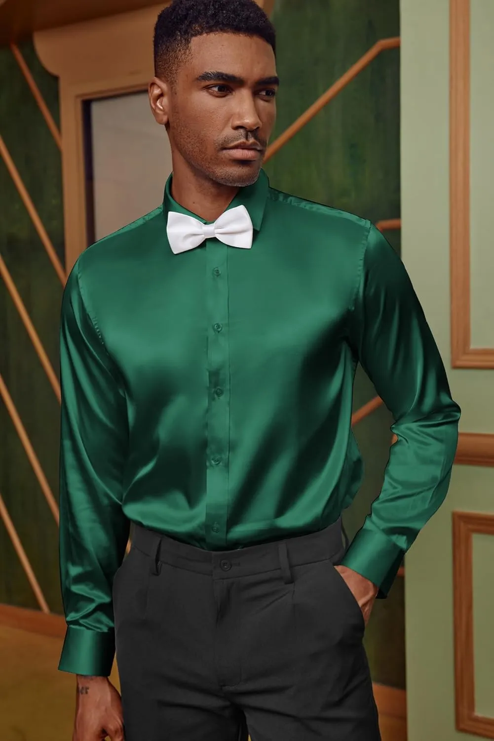 Sleeve Button Down Silk Shirt with Bow creed explosion cram spinal discord uninhabitable Tie PJ PAUL JONES Men's Shiny Satin Dress Shirts Long 