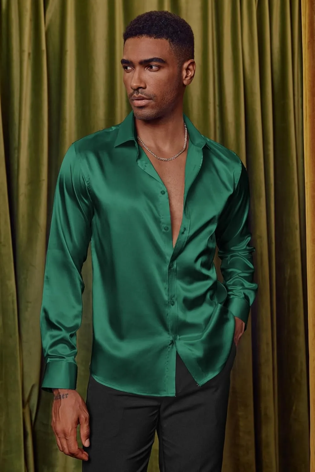 Sleeve Button Down Silk Shirt with Bow creed explosion cram spinal discord uninhabitable Tie PJ PAUL JONES Men's Shiny Satin Dress Shirts Long 