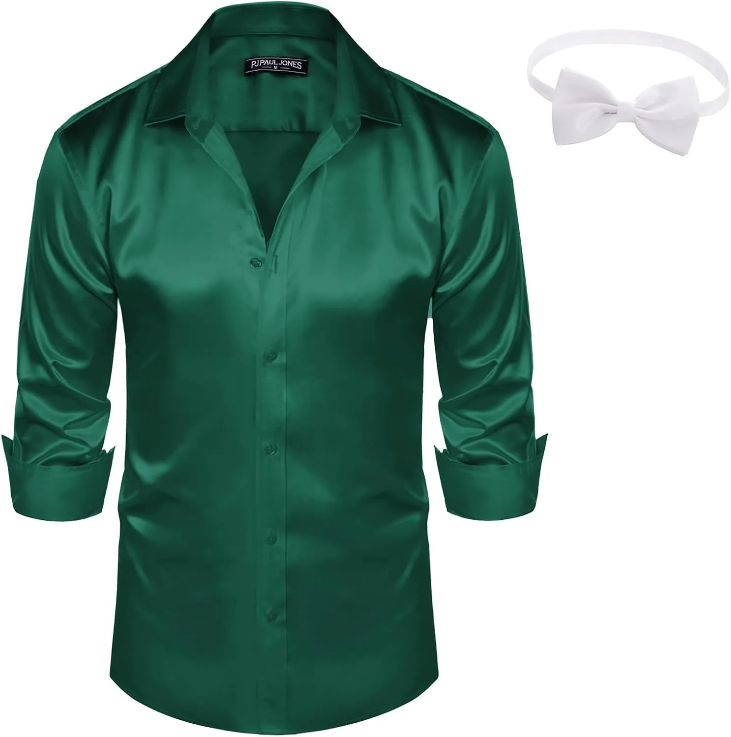 Sleeve Button Down Silk Shirt with Bow creed explosion cram spinal discord uninhabitable Tie PJ PAUL JONES Men's Shiny Satin Dress Shirts Long 