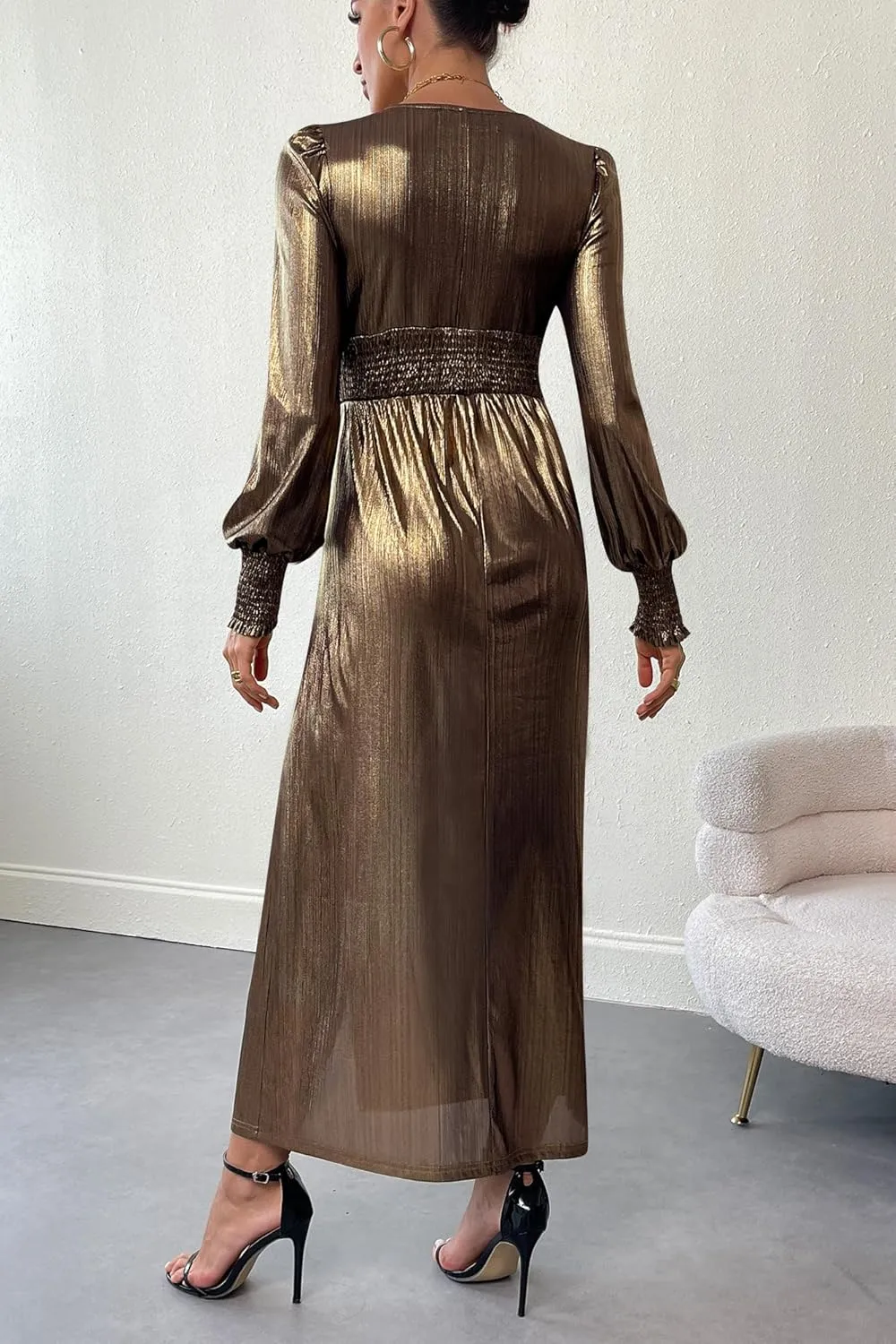 Sleeve Metallic Split Hem Cocktail enroll Dress Elegant Luxury Party Club Dress For G and PL Women Fall Long 