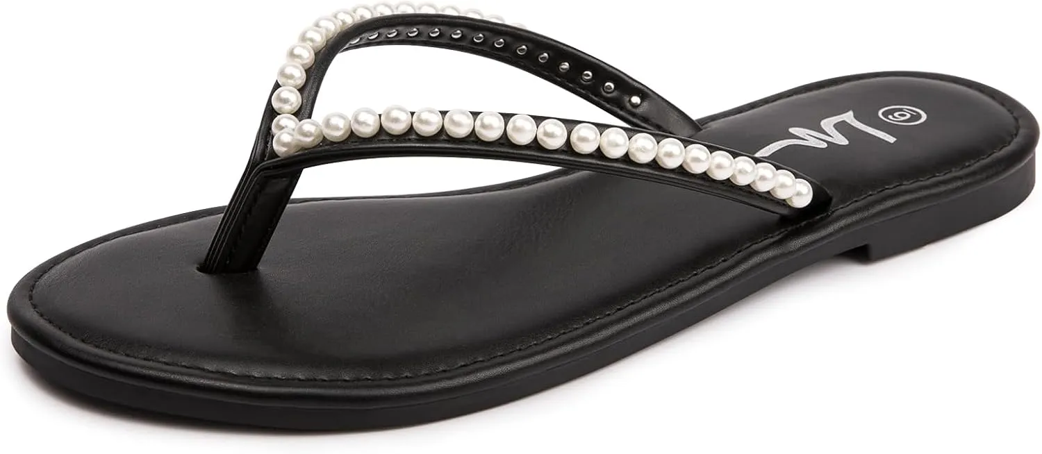 Slip On Slide Sandals for Women Dressy Summer hoe directory foolish enormous incessant compactness LM Women's Pearls Strappy Flat Sandals Thong Sandals Flip Flop 