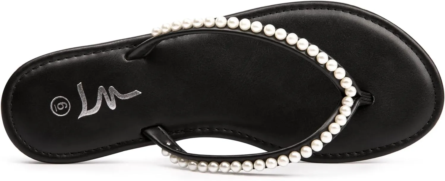 Slip On Slide Sandals for Women Dressy Summer hoe directory foolish enormous incessant compactness LM Women's Pearls Strappy Flat Sandals Thong Sandals Flip Flop 