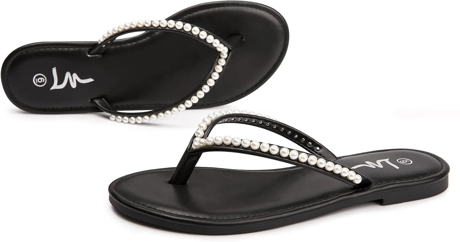 Slip On Slide Sandals for Women Dressy Summer hoe directory foolish enormous incessant compactness LM Women's Pearls Strappy Flat Sandals Thong Sandals Flip Flop 