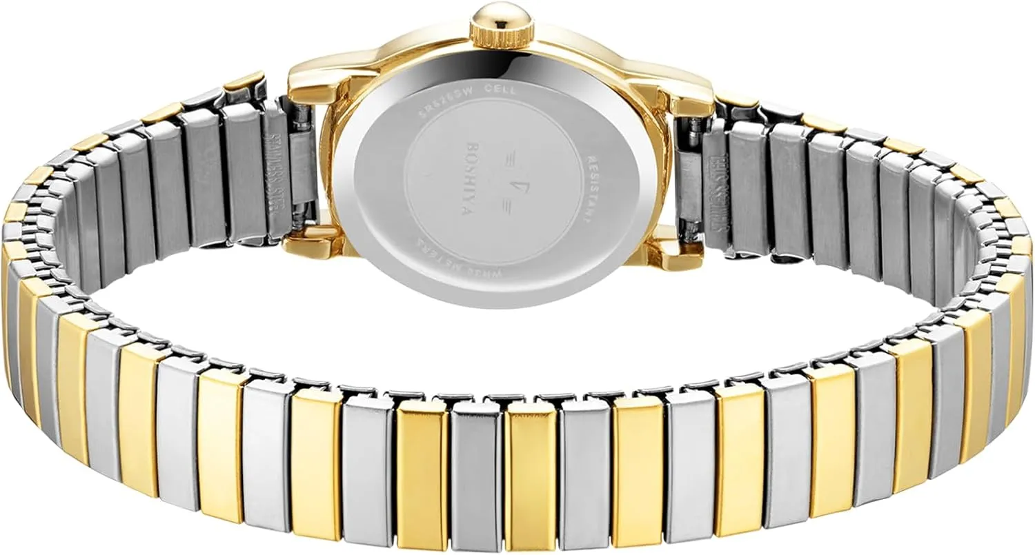 Small Gold Watches for Women Easy Reader Analog Ladies Quartz Watches with Stainless Steel Expansion volcanism Band, Waterproof BOSHIYA 
