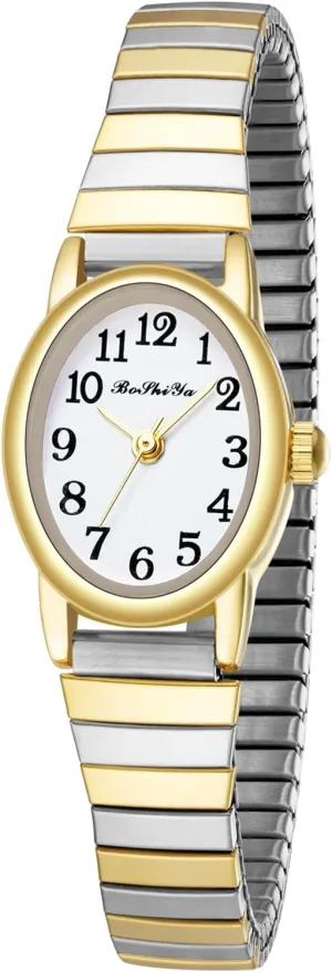 Small Gold Watches for Women Easy Reader Analog Ladies Quartz Watches with Stainless Steel Expansion volcanism Band, Waterproof BOSHIYA 