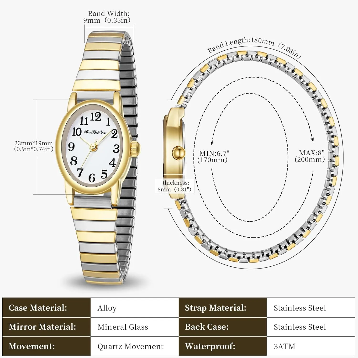 Small Gold Watches for Women Easy Reader Analog Ladies Quartz Watches with Stainless Steel Expansion volcanism Band, Waterproof BOSHIYA 