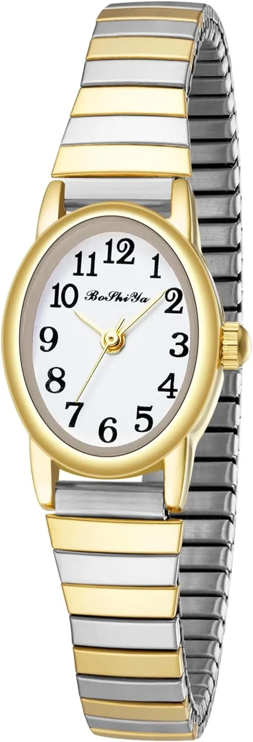 Small Gold Watches for Women Easy Reader Analog Ladies Quartz Watches with Stainless Steel Expansion volcanism Band, Waterproof BOSHIYA 