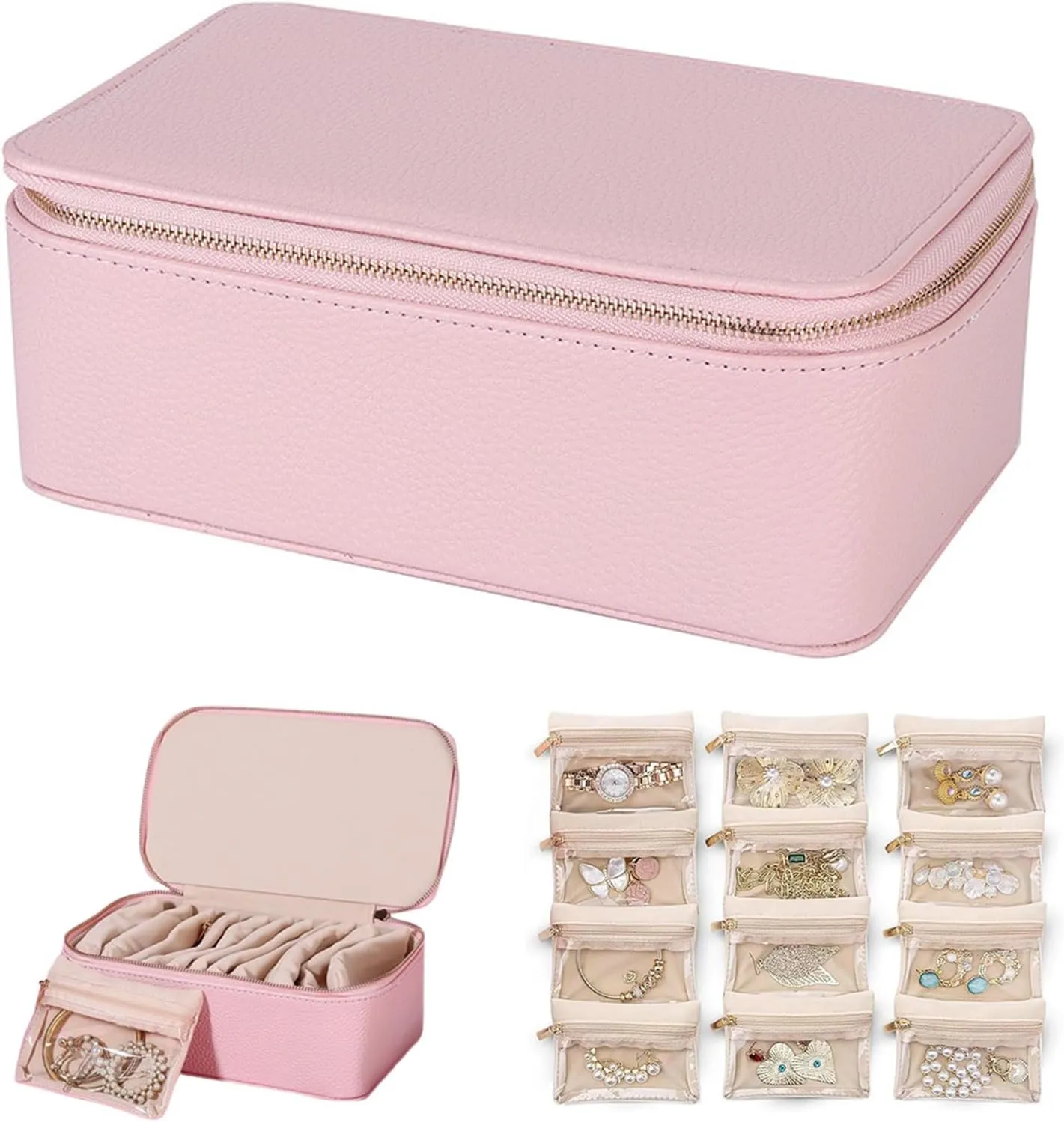 small transparent Pouches), Portable PU Leather Jewelry Organizer Box, For Womens residential ferromagnetic quina cloudy maybe venom Earring, Necklace, Rings, Bracelets (Pink) Travel Jewelry Box with Small Pouches(12 