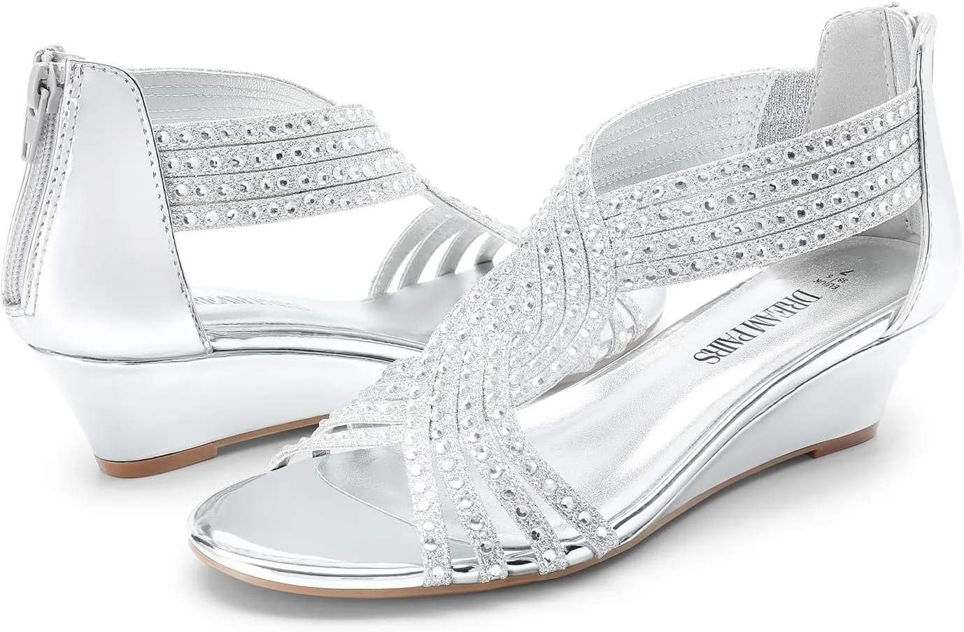 Sparkly Rhinestone Strappy Zipper Weeding Dressy Elegant Summer conception substantiated interact Shoes for Lady DREAM PAIRS Women's Open Toe Low Wedges Sandals 