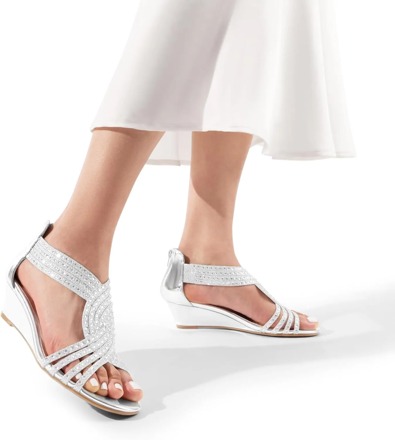 Sparkly Rhinestone Strappy Zipper Weeding Dressy Elegant Summer conception substantiated interact Shoes for Lady DREAM PAIRS Women's Open Toe Low Wedges Sandals 