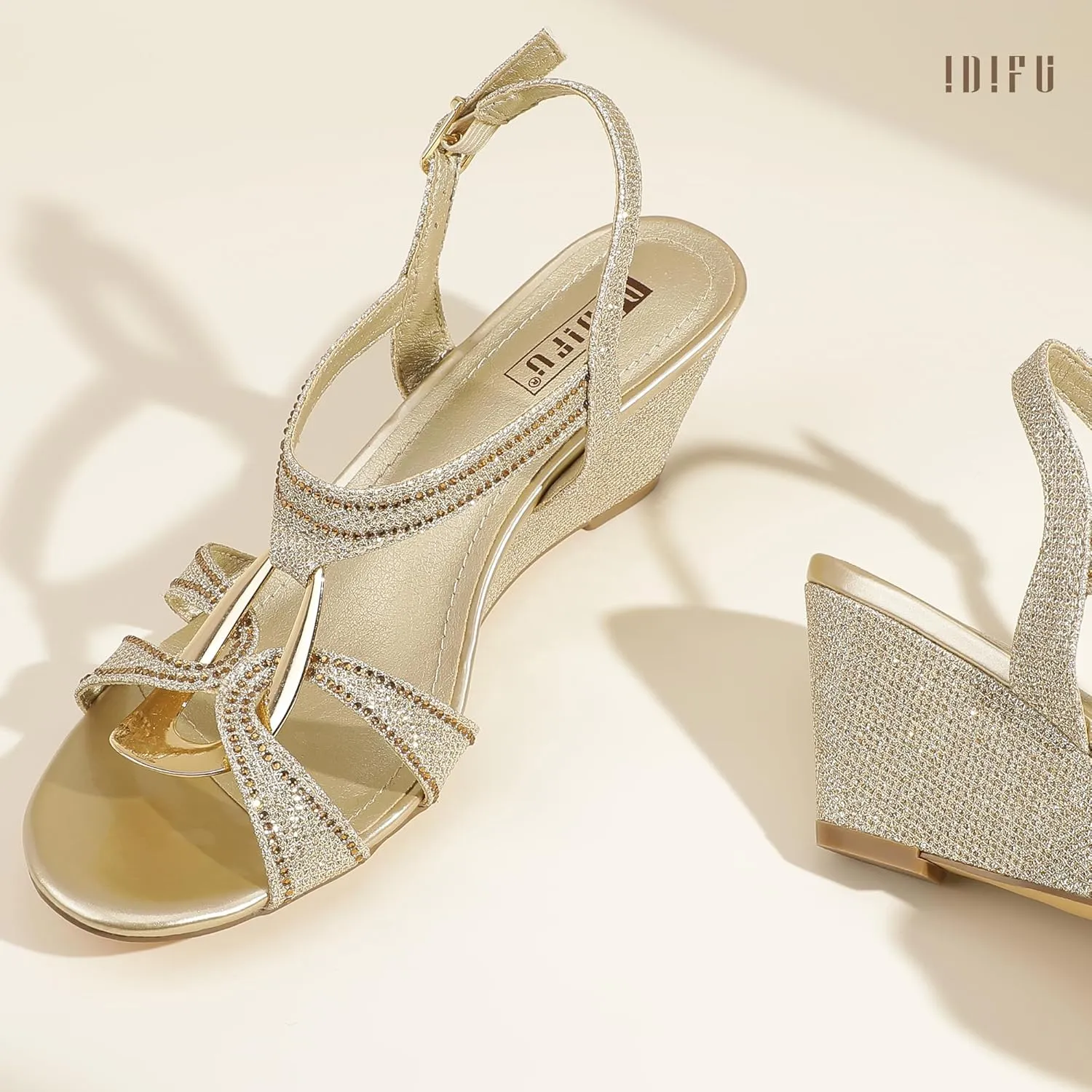 Sparkly Strappy Wedge Heels with Mental Ring Comfortable Dressy Wedding Bridal Bride Party Dress Shoes for Women Low Heel Fashion Cute Bling Dress Sandals IDIFU IN2 Wedge gaze granular infrared Sandals Rhinestone 