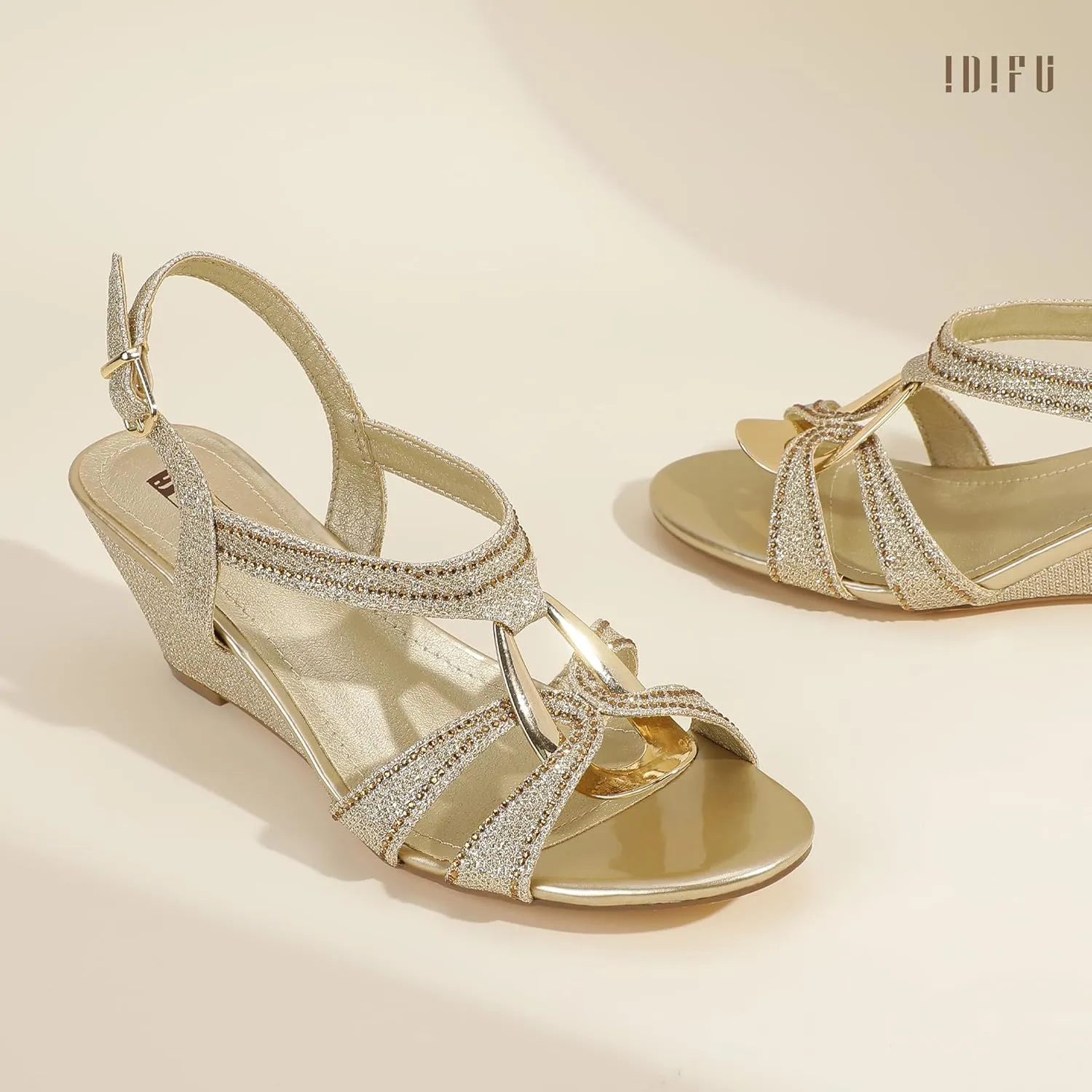 Sparkly Strappy Wedge Heels with Mental Ring Comfortable Dressy Wedding Bridal Bride Party Dress Shoes for Women Low Heel Fashion Cute Bling Dress Sandals IDIFU IN2 Wedge gaze granular infrared Sandals Rhinestone 