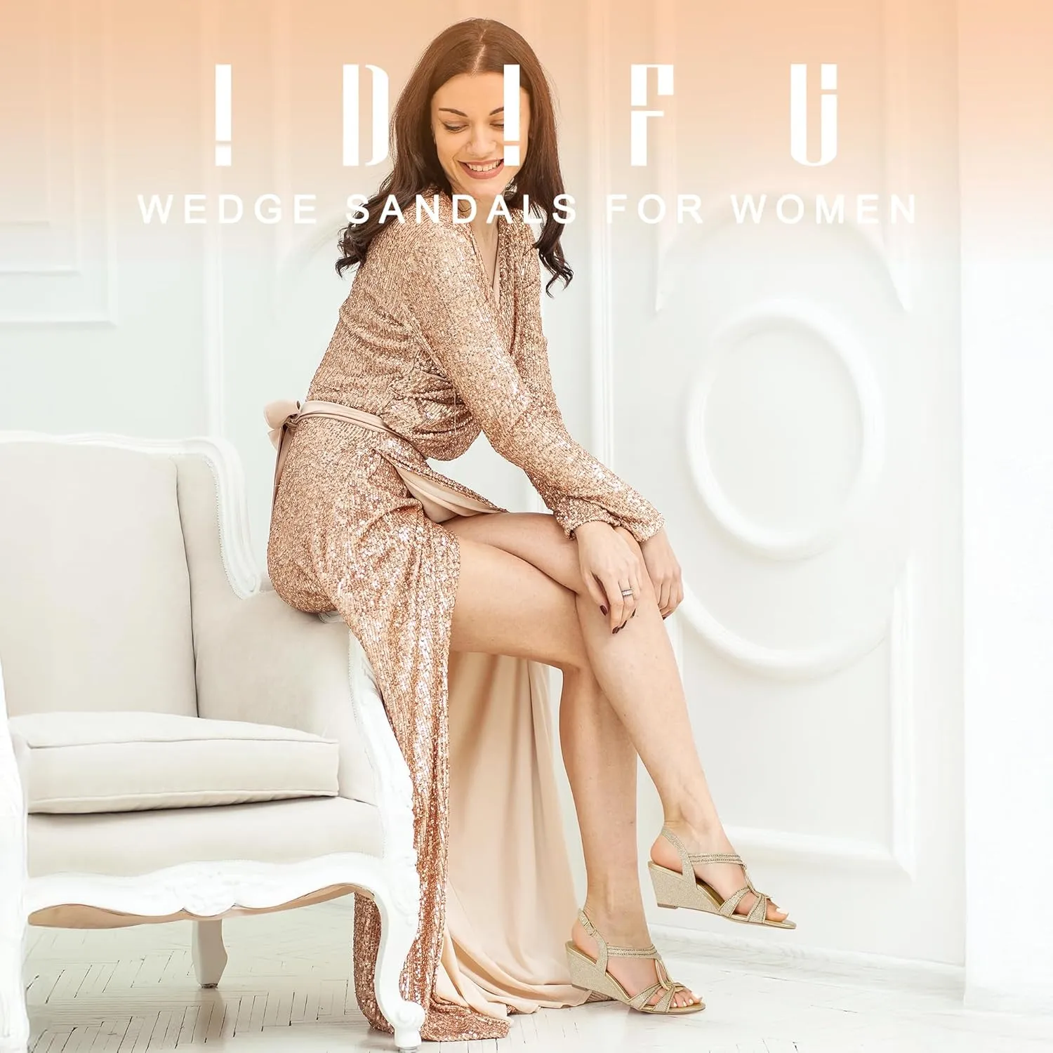 Sparkly Strappy Wedge Heels with Mental Ring Comfortable Dressy Wedding Bridal Bride Party Dress Shoes for Women Low Heel Fashion Cute Bling Dress Sandals IDIFU IN2 Wedge gaze granular infrared Sandals Rhinestone 