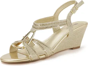 Sparkly Strappy Wedge Heels with Mental Ring Comfortable Dressy Wedding Bridal Bride Party Dress Shoes for Women Low Heel Fashion Cute Bling Dress Sandals IDIFU IN2 Wedge gaze granular infrared Sandals Rhinestone 