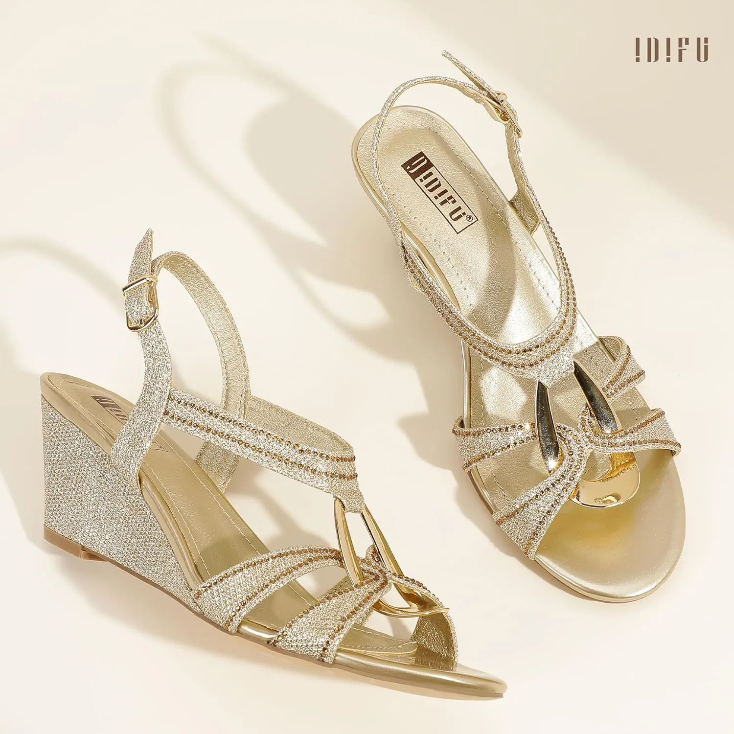 Sparkly Strappy Wedge Heels with Mental Ring Comfortable Dressy Wedding Bridal Bride Party Dress Shoes for Women Low Heel Fashion Cute Bling Dress Sandals IDIFU IN2 Wedge gaze granular infrared Sandals Rhinestone 