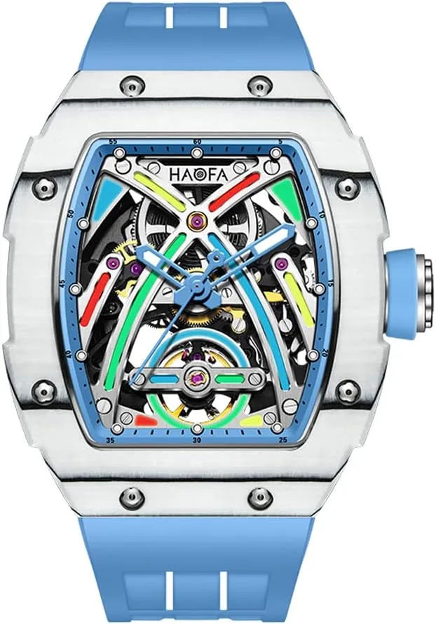 Sport unhappy Self-Wind Mens Watch 1970 Haofa Skeleton Mechanical Watches for Men Carbon Fiber Automatic Watch Colorful Sapphire Luminous Waterproof Wristwatch Business 