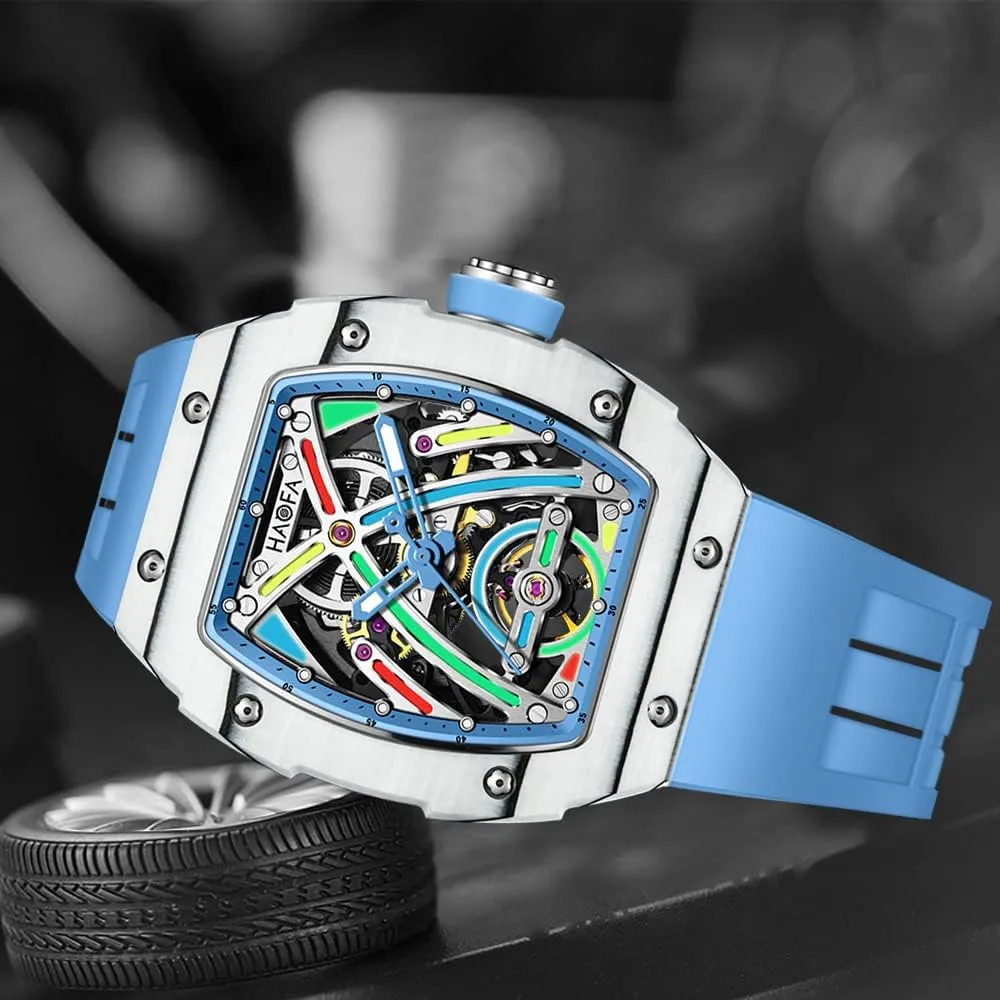 Sport unhappy Self-Wind Mens Watch 1970 Haofa Skeleton Mechanical Watches for Men Carbon Fiber Automatic Watch Colorful Sapphire Luminous Waterproof Wristwatch Business 