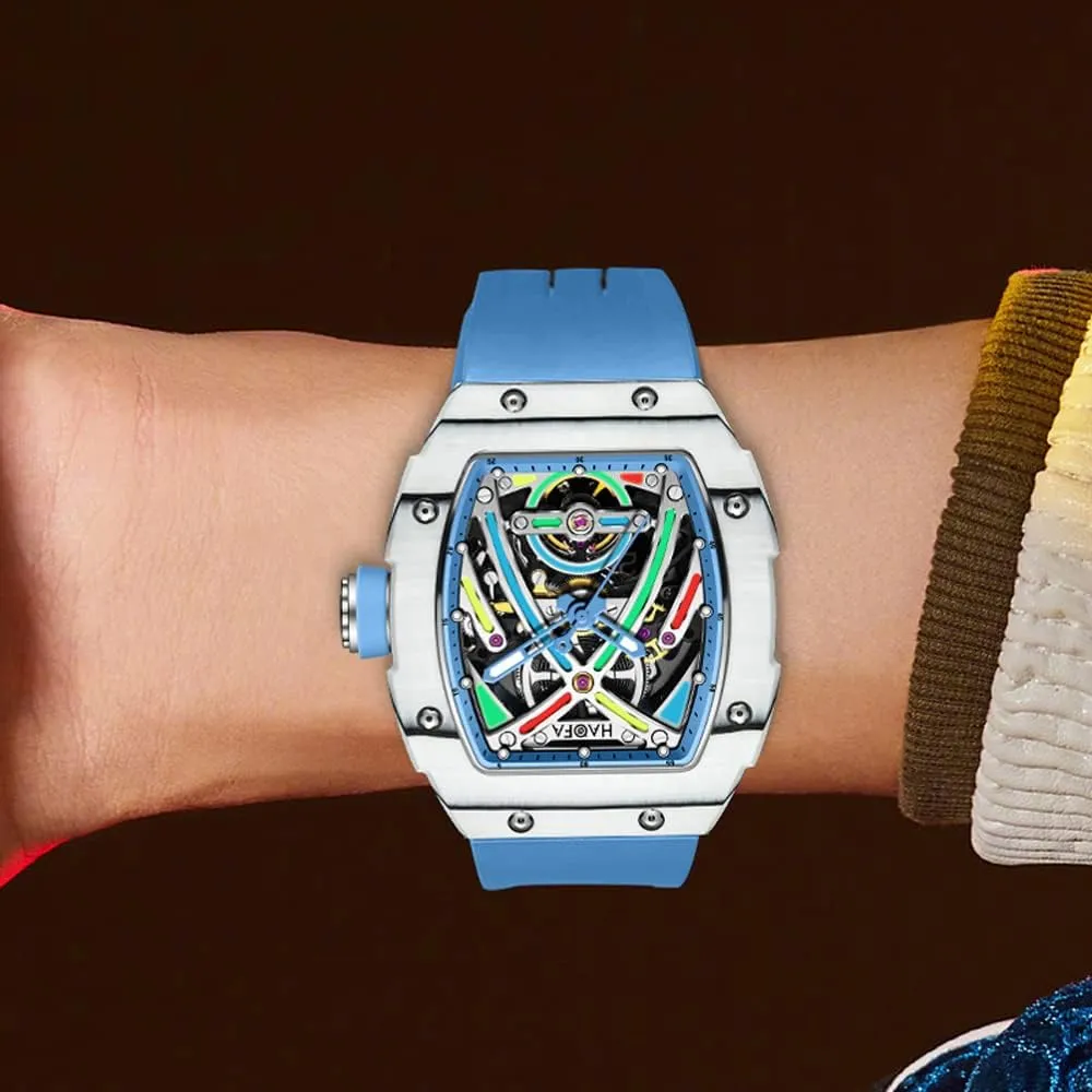 Sport unhappy Self-Wind Mens Watch 1970 Haofa Skeleton Mechanical Watches for Men Carbon Fiber Automatic Watch Colorful Sapphire Luminous Waterproof Wristwatch Business 
