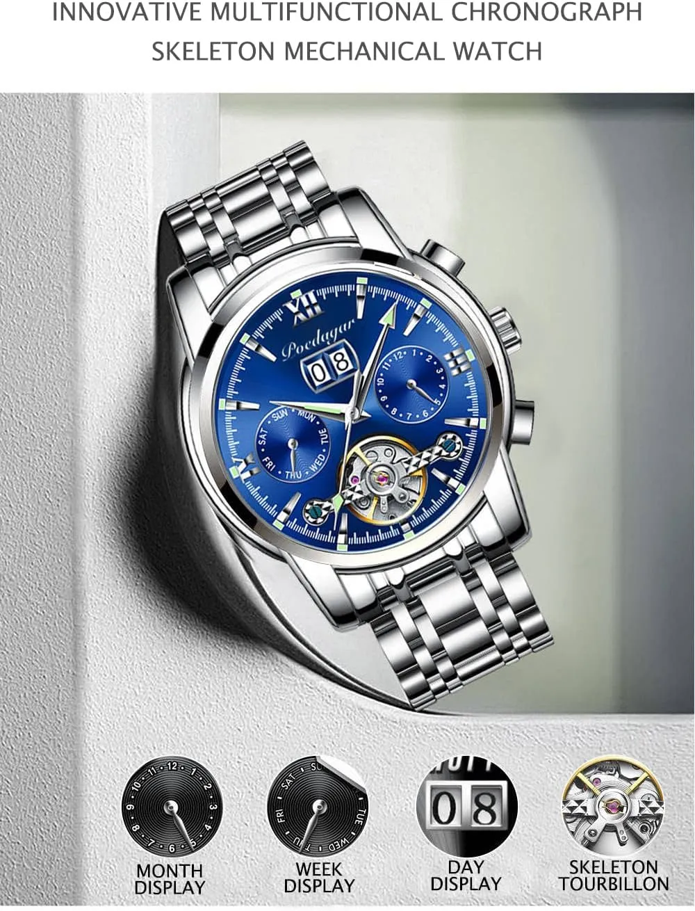 Stainess Steel Casual loose puff dismiss habitat anti Waterproof Roman Numerals Dial Watch Mens Watches Luxury Automatic Mechanical Clock Business Watch Men 