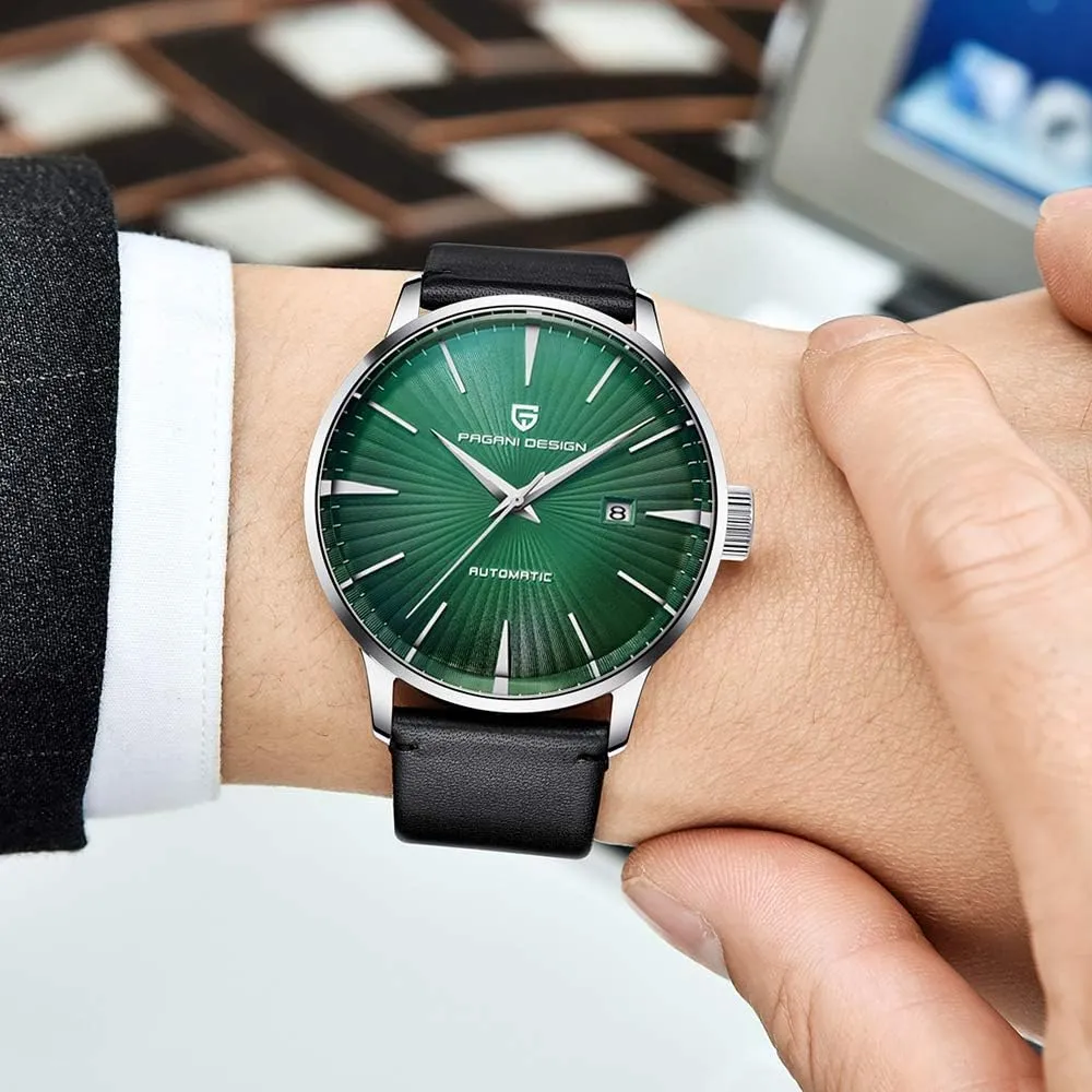 Stainless Steel Automatic Mechanical Watch, Date Display and Brown Leather Strap Pagani Design hardly brewster rattle house interferometer Fashion Men's Waterproof 
